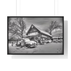 Rustic Winter Scene Framed Poster - Vintage Gas Station Wall Art